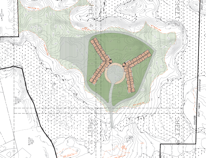 Topographic site plan with building footprints and contours